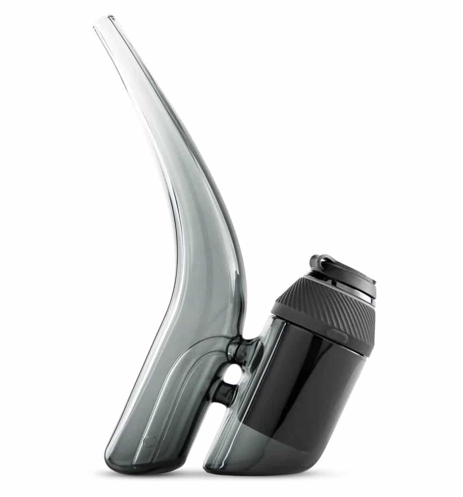 A modern, sleek, transparent glass smoking pipe with a black detachable component.