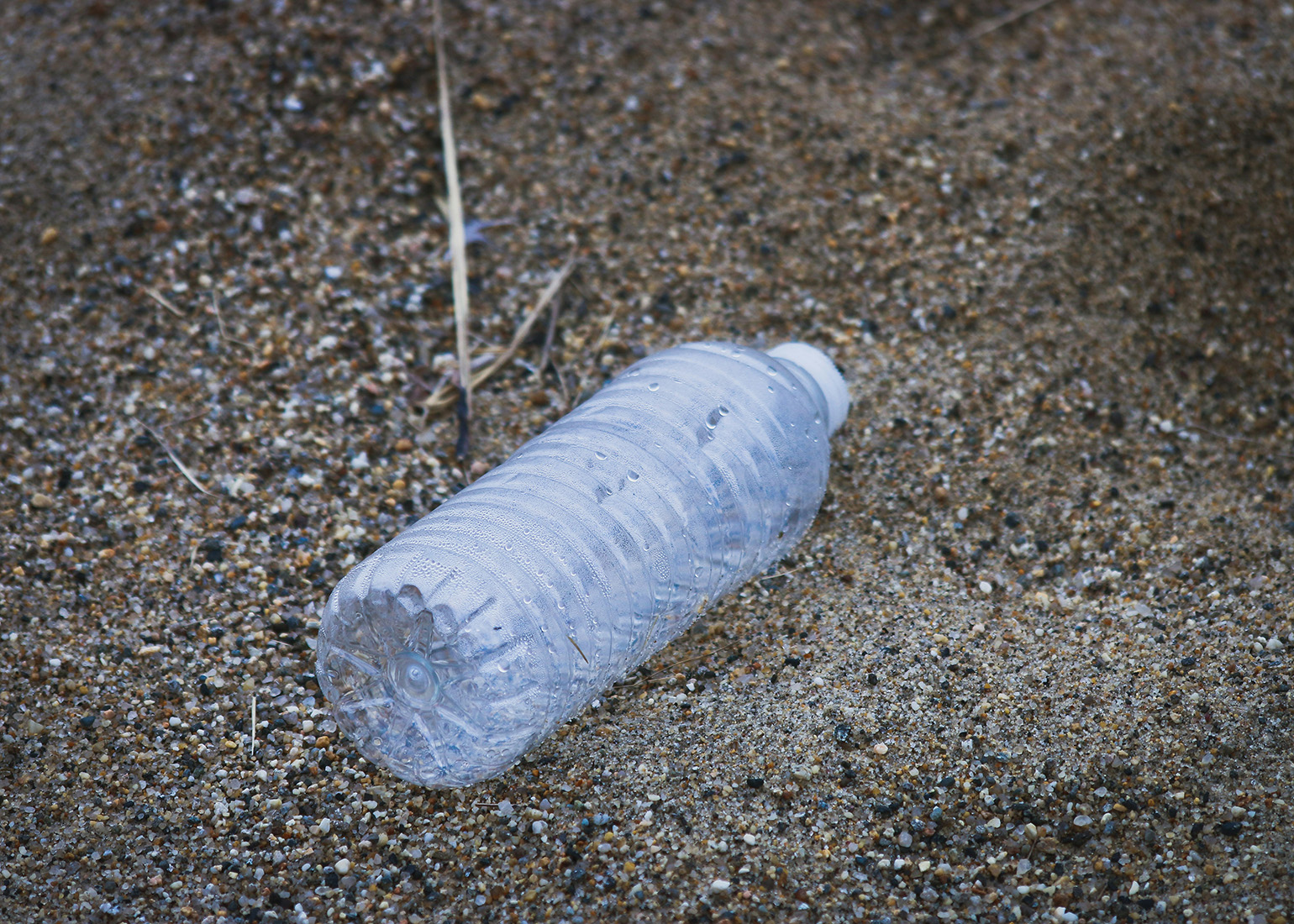 Plastic bottle on a sandy beach.